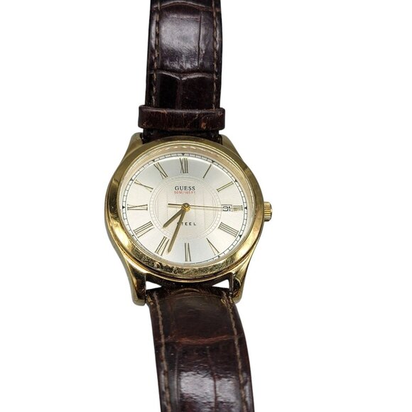 Guess Steel Mens Watch 39mm Gold Plated Case 7.25" Crocodile Leather Band VTG - Picture 9 of 16